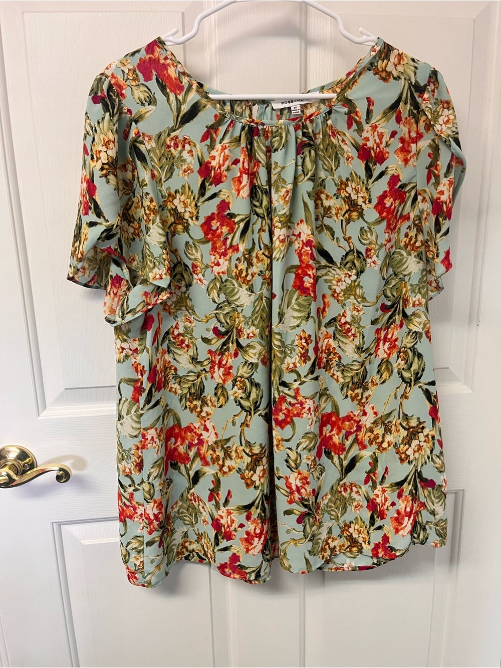Rose & Olive Sage Green Floral Short-Sleeve Blouse with Red Blooms